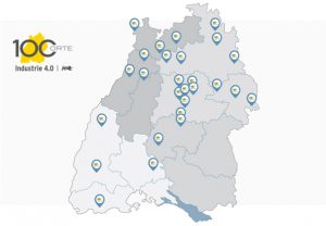 Map with pins each indicating one of 100 places for "Industrie 4.0"