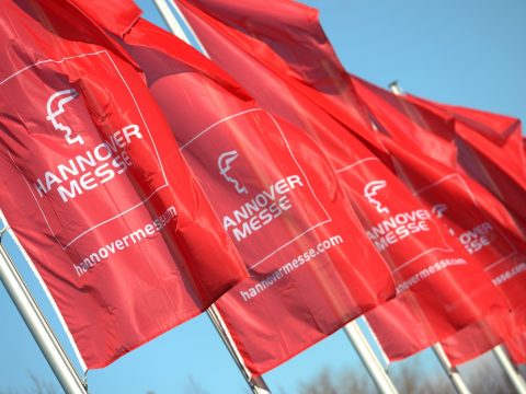 flags with Hannover Messe written on them