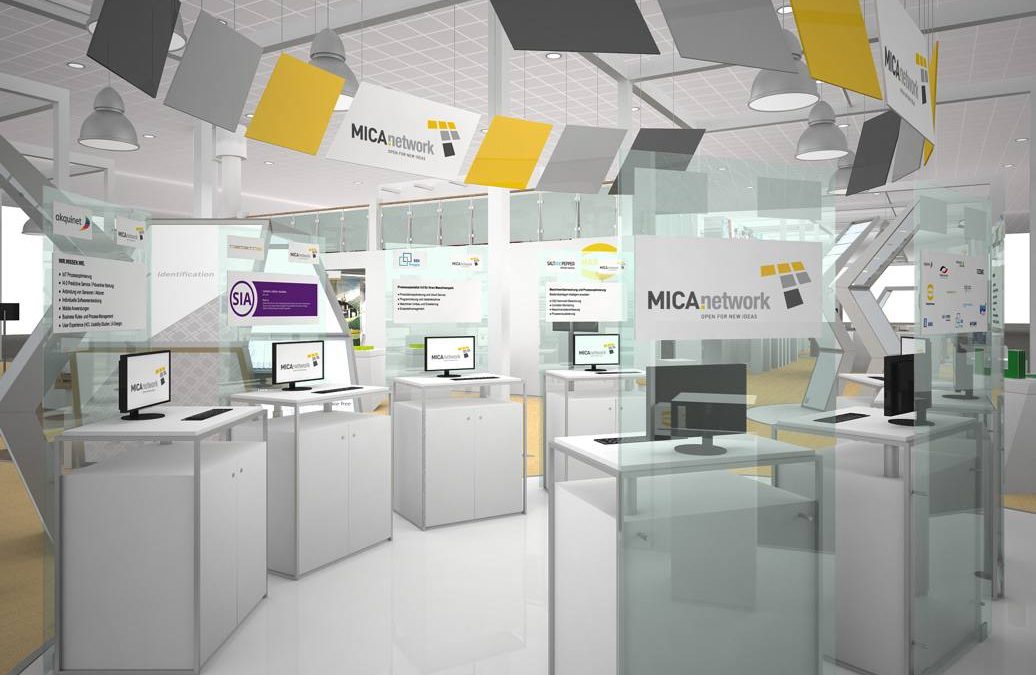 Rendering of trade fair booth with MICA branding and sps ipc drives label