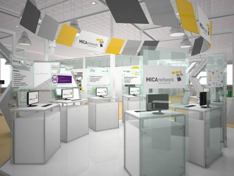 Rendering of trade fair booth with MICA branding and sps ipc drives label