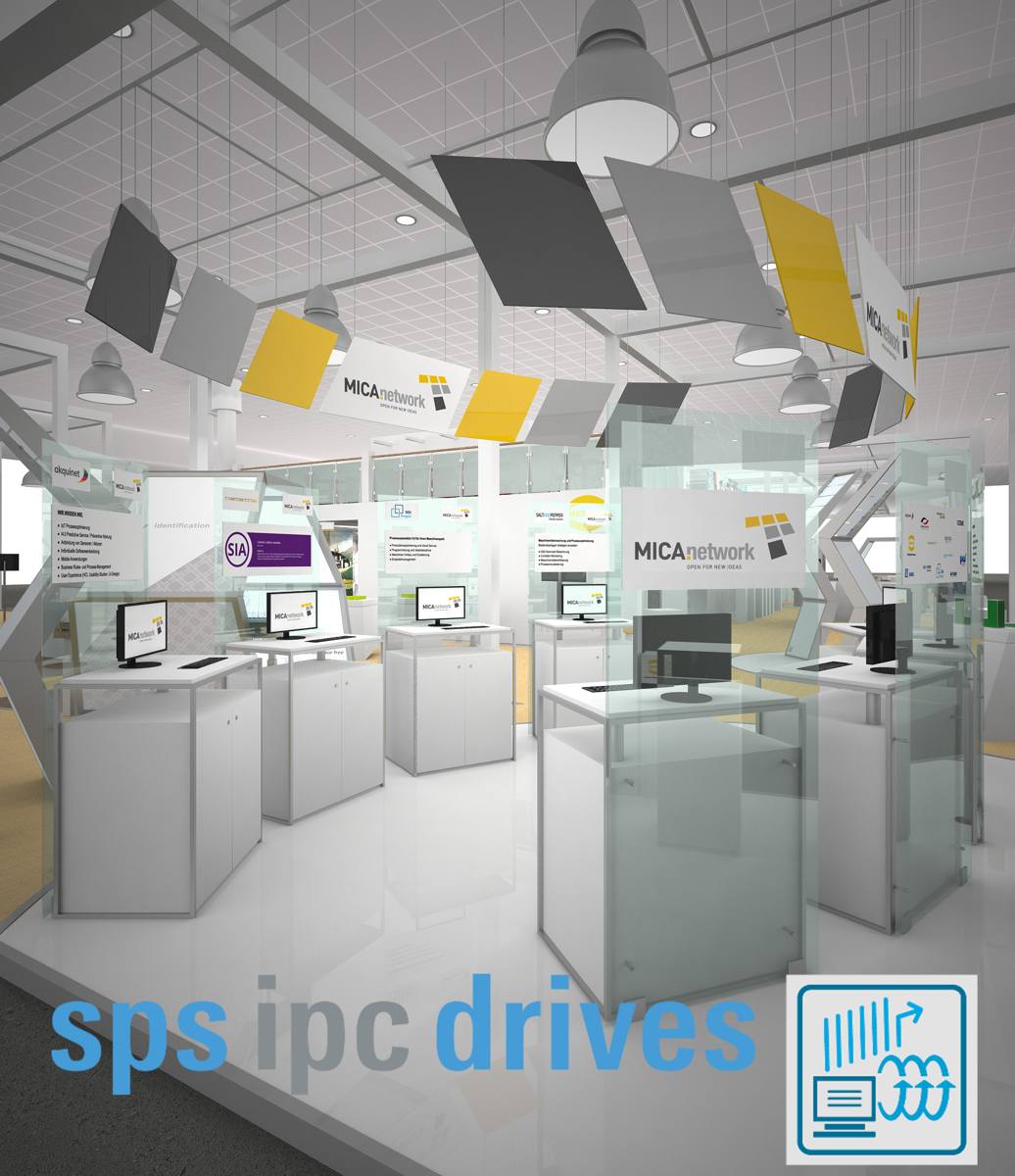 Rendering of trade fair booth with MICA branding and sps ipc drives label